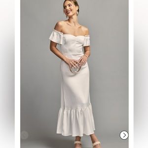 White midi off the shoulder satin dress with sweetheart neckline.
